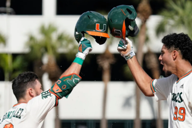 Two University of Miami baseball players celebrating