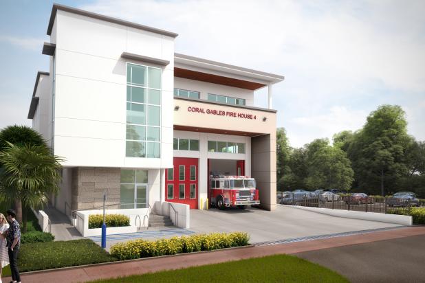 Rendering of future Firehouse 4 with fire truck. Blue sky and cloud are behind with trees and parking lot in the lot beside it.