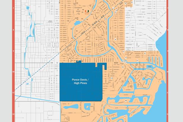 half map of Coral Gables with High Pines and Ponce Davis annexation shaded blue