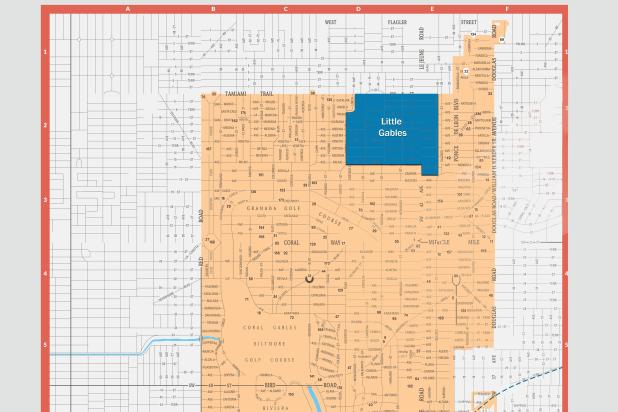 half map of Coral Gables with Little Gables annexation shaded blue