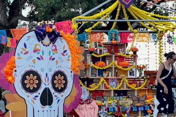Orange altar of the Dead with Skeleton designs