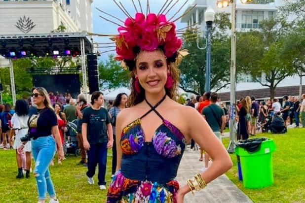 Woman with Mexican dress and flowers on her head