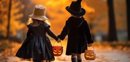 The backs of two dressed in black costumes, hold hands, and carry pumpkin buckets. They are walking over crunchy leaves into an autumnal sunset.