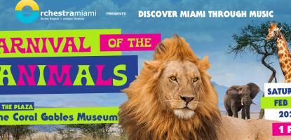 Lion lies next to text in the high plains, a giraffe and an elephant stand in the background