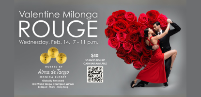 On left is text of event, on right is a woman in red dress dancing with a man in a suit in front of heart shaped sculpture made of roses