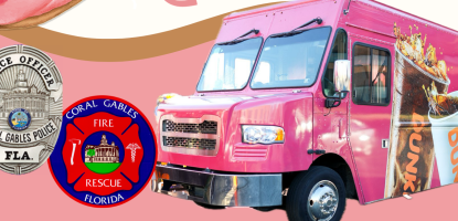 Police and Fire badges are to the left of a pink Dunkin Donuts truck