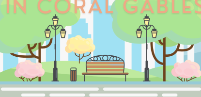 Illustration of a park with a bench and two lampposts, green trees in the background 