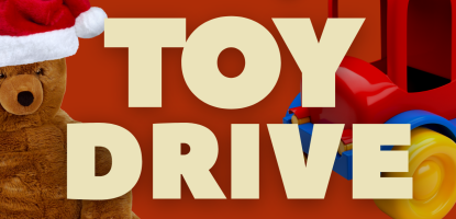 Teddy bear wearing a santa hat and a toy truck in a red background with text explaining toy drive