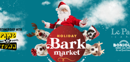 Santa next to dogs in a turquoise background