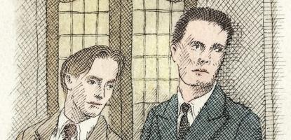 Movie poster of two men in suits, in a drawn sketch style, like old line engraving