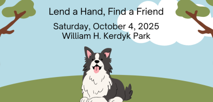Illustrated flyer for “Adopt & Cleanup!” showing a happy dog sitting on grass between two trees under a blue sky.