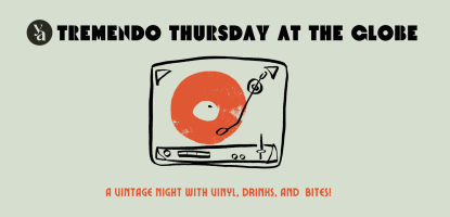 sketch of a record player with an orange disc with text title of the event