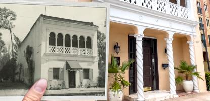 On a bright day, a hand holds an old picture of a building next to the current Junior League of Miami Building