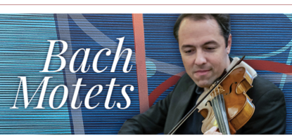 A man plays violin in front of a blue background with different design elements