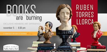 Statue heads on a flyer for Books are burning art event