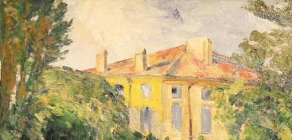 Impressionist-style painting of a yellow house with red roof tiles partially hidden behind lush green trees and bushes