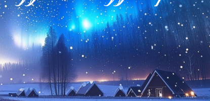 Snowy and starry sky above remote cabins