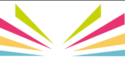 Miami book fair logo, slanted lines in lime green, pink, gold, and light blue