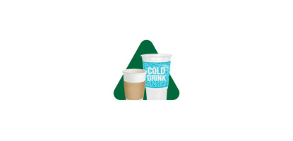 Paper and plastic cup with green triangle behind cups