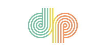 Logo of dp in teal, yellow, and orange swirls 