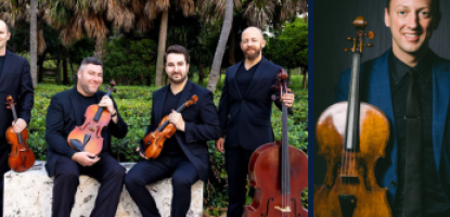Amernet string orchestra pose with instruments outside with palm trees in background. On the side, a photo of Luke Fleming