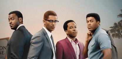 Poster for One Night in Miami film, Malcom X, Muhammad Ali, Jim Brown, and Sam Cooke all sharply dressed with text film + Q&A