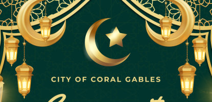 Flyer for the City of Coral Gables Community Ramadan Observance, featuring a green and gold design with crescent moons and lanterns.
