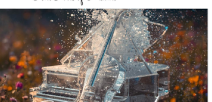 Promotional poster featuring a translucent grand piano emerging from a field of flowers, with event details for “Seasons of the Soul” at Sanctuary of the Arts in Coral Gables, including date, time and Fine Arts of Miami branding