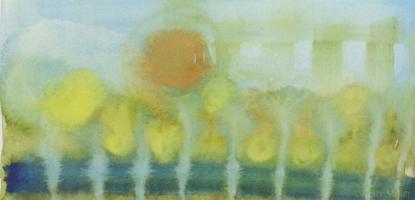 An abstract watercolor scene shows a glowing sun above soft, impressionistic rows of yellow-green trees against a calm blue and green landscape.