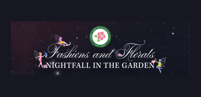 Fairies dance around title text Nightfall in the Garden with stars in the nightsky and the Garden Club logo