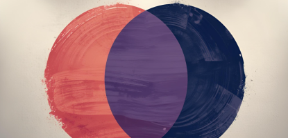 Abstract red and purple circle paintings with silhouette of a musician and painter at the bottom