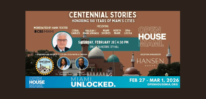 Brown and blue flyer for event with photos of speakers