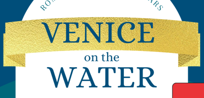 Blue background with gold stars graphic and text that reads Bring Your Valentine to Romance Under the Stars Venice on the Water