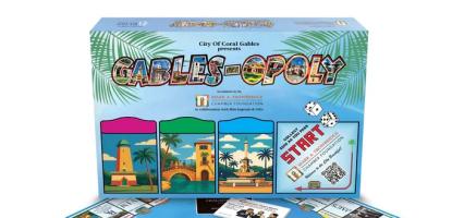 Box and game photo of Gables-Opoly, a Monopoly board game but Coral Gables version