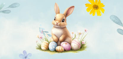 Graphic of Rabbit next to Easter eggs