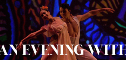 Banner image for “An Evening with Cuban Classical Ballet” featuring two ballet dancers performing onstage before a colorful backdrop.