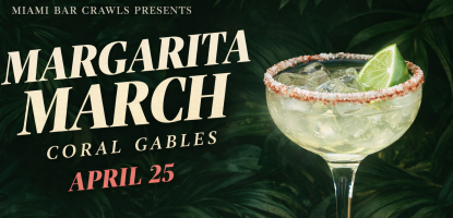 Margarita with salt and lime in the center and around informational text "Miami Margarita March Coral Gables April 25"