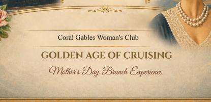 Golden Age Vintage style look of cruise, emblem, and woman with big hat and pearls with name of event, golden age of cruising