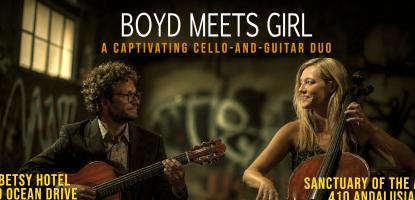 Promotional graphic for Boyd Meets Girl featuring guitarist Rupert Boyd and cellist Laura Metcalf performing together, with event details