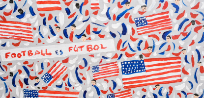 Colorful artwork featuring American flags, red, white and blue brushstrokes, small faces and the phrase “Football es fútbol.”