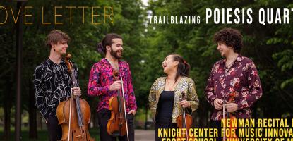 Promotional graphic for “Love Letter” featuring the Poiesis Quartet standing outdoors with string instruments, alongside event details
