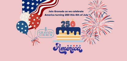 Description of event with graphics of American flag and fireworks and a cake