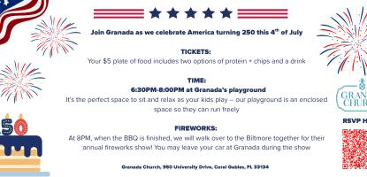 Description of event with graphics of American flag and fireworks and a cake