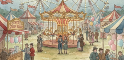 Fine Arts of Miami poster for “Carousel of Hearts,” featuring a vintage carnival scene with a carousel and Ferris wheels.