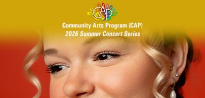 Promotional image for Kate Kortum’s Community Arts Program concert, featuring a close-up portrait of the jazz vocalist against a yellow and red background