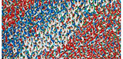 painting of people in red white and blue in a crowd