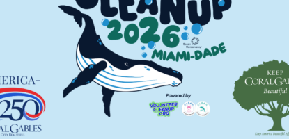 Light blue International Coastal Cleanup flyer with humpback whale and Coral Gables logos