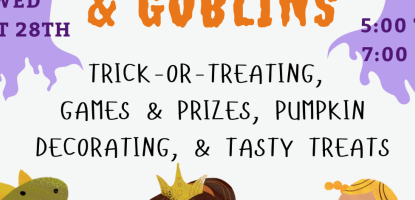Kid-oriented drawings of kids in gator, princess, and pumpkin costume with event information