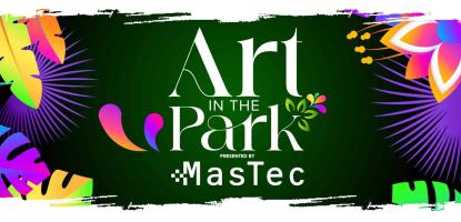 Art in the park graphic with purple, red, yellow colors on dark background