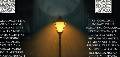 Street lamp shines in darkness with a clock in the background and text 